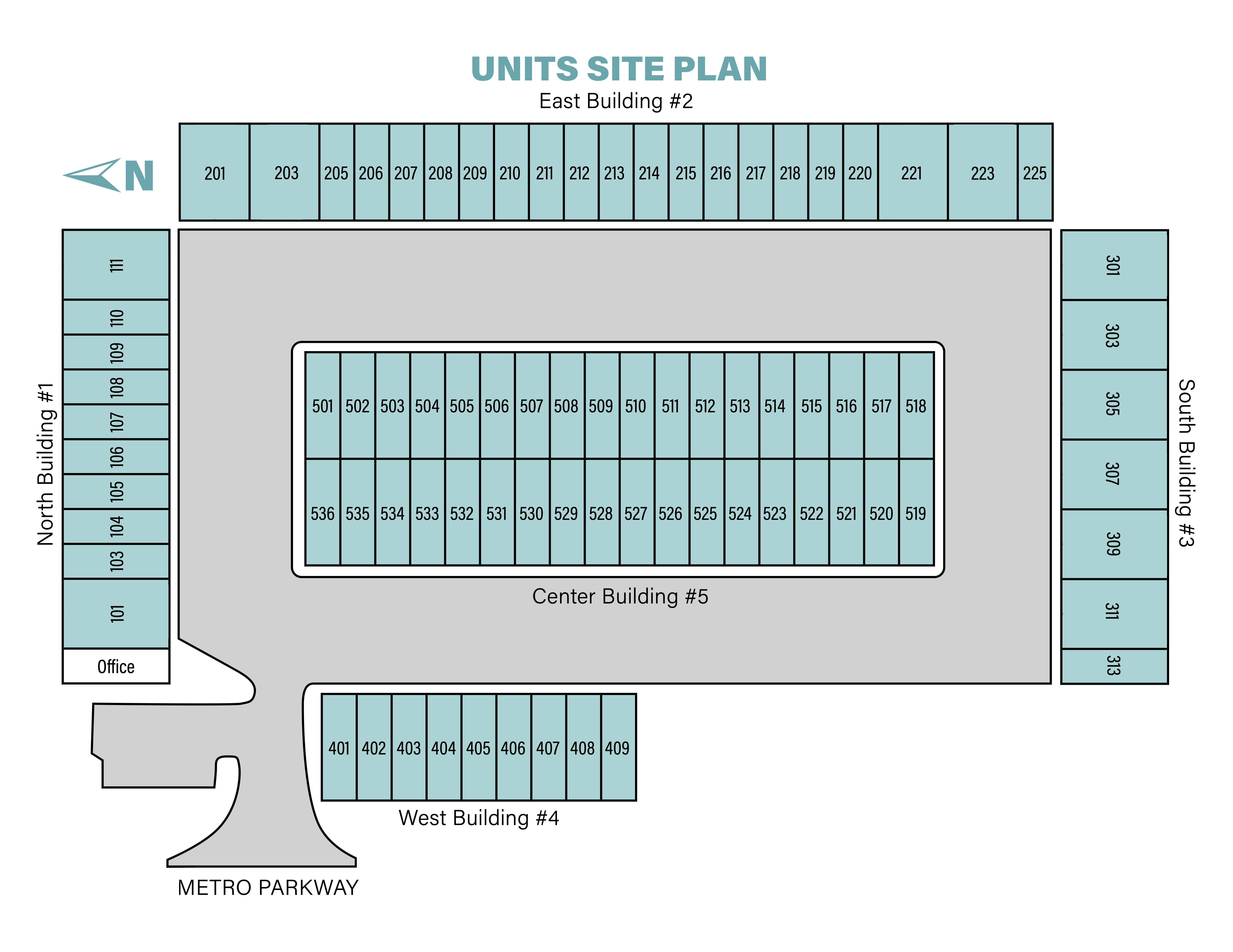 Metro Maxx RV and vehicle storage facility site map showing five climate-controlled buildings with individual unit numbers labeled.